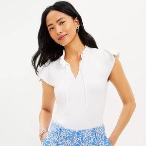 Loft Petite Ruffle Tie Neck Sweater Tee in White (Petite Large)